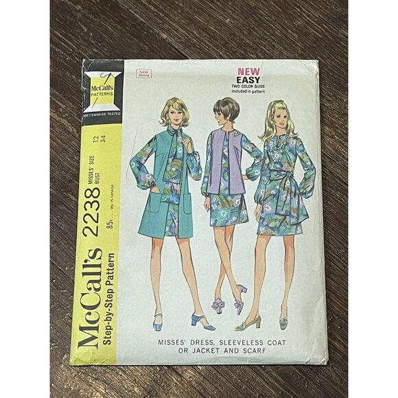 McCall's 2238 Pattern Vintage 1960s Misses Dress SL Coat Scarf Size 12 UNCUT - Picture 1 of 4